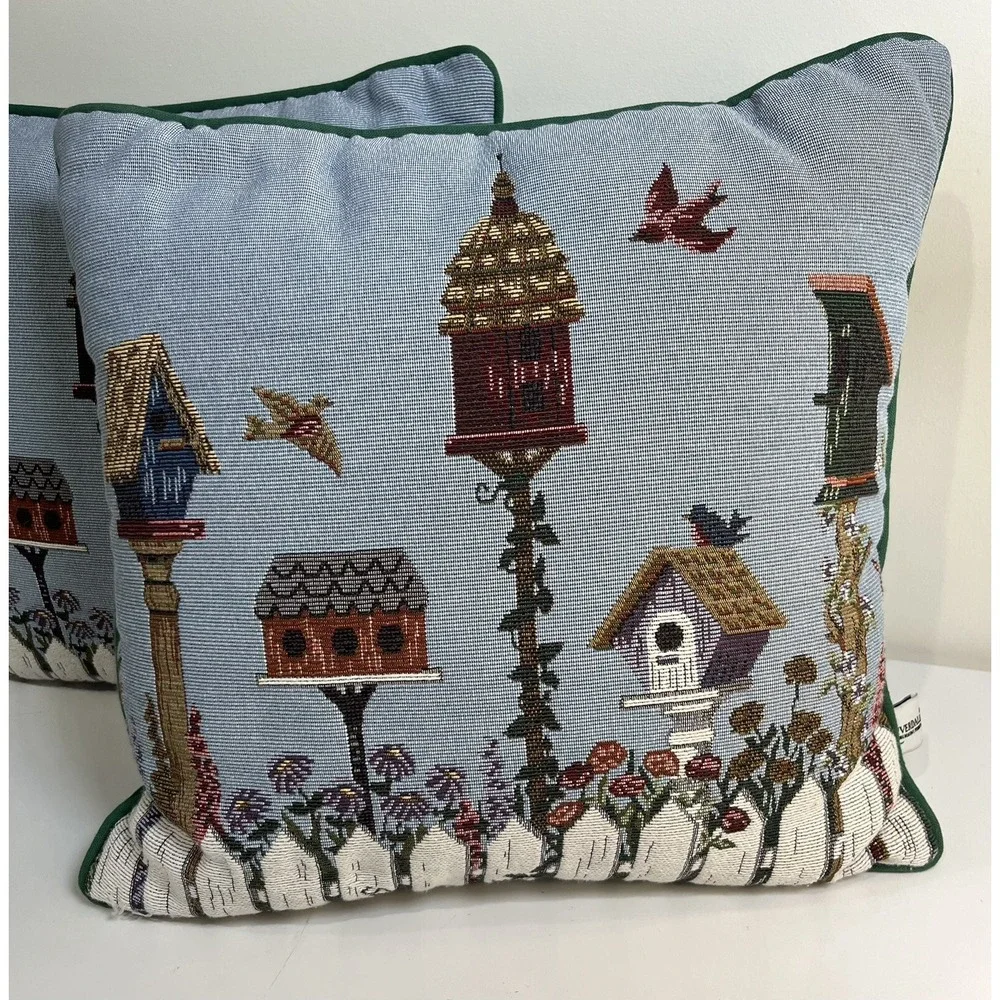 2 Riverdale Tapestry Needlepoint Pillows Birdhouse Floral Garden Bird 14